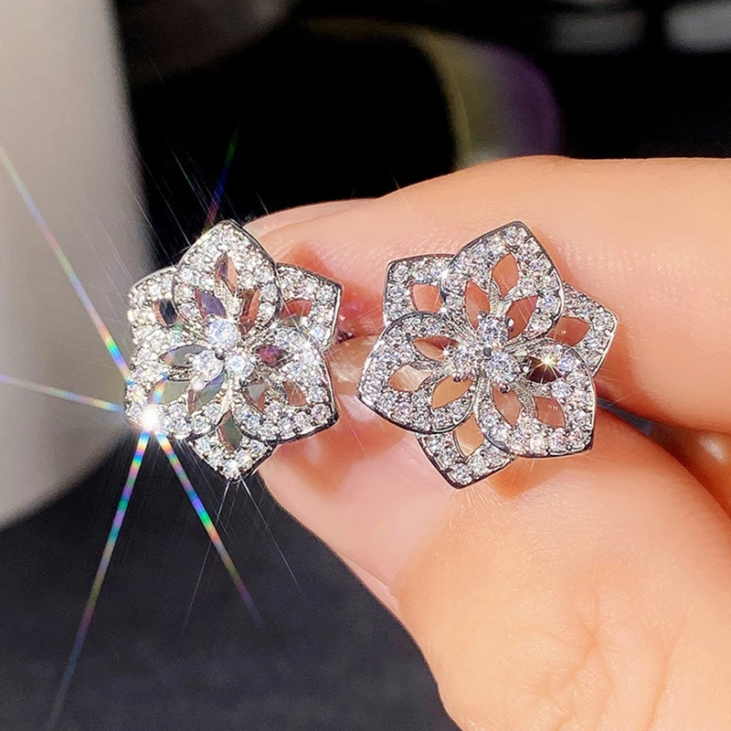 

Shiny Flower Shaped Cubic Zirconia Stud Earrings For Women Silver Color Fashion Jewelry Wedding Earrings Party Anniversary Gift