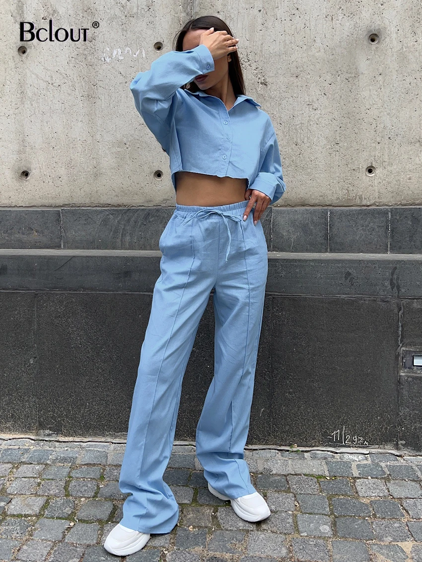 

Bclout Fashion Blue Pleated Pants Sets Women 2 Pieces Autumn Office Lady Sexy Crop Top Casual Solid Lace-Up Straight Pants Suits