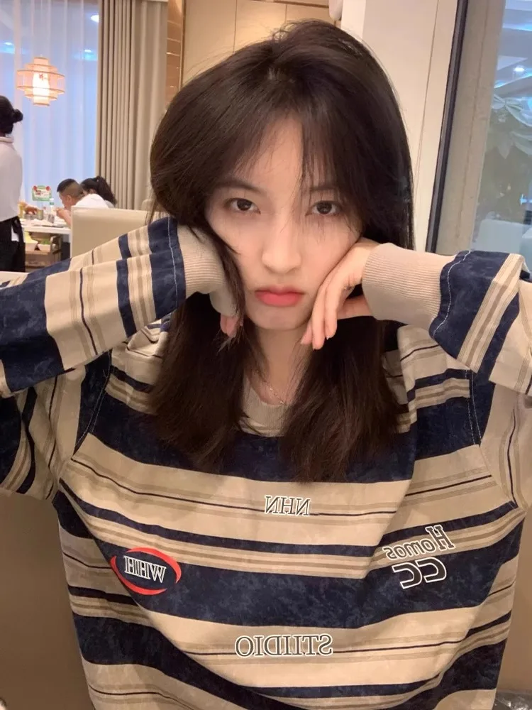 American vintage Stripe Shoulder Long sleeves Shirt Women Autumn Wear Loose Design Sense Korean Series Chic Top