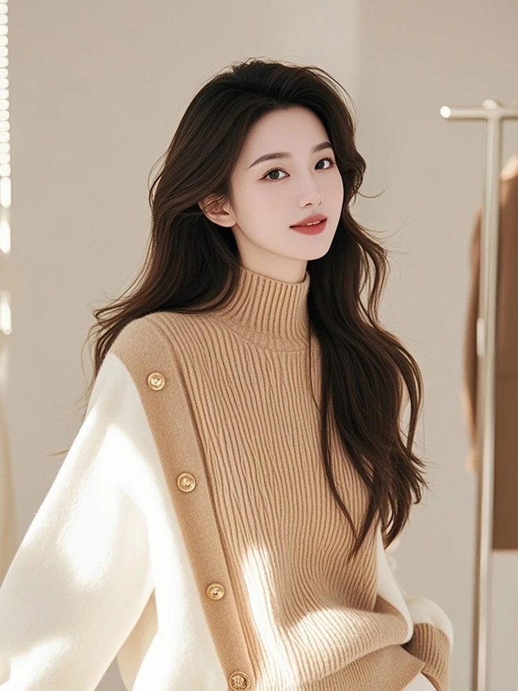 Contrast Color Turtleneck Knitwear Sweater Women clothes 2024 Autumn and Winter New Unique Design Sense Lazy Long sleev...