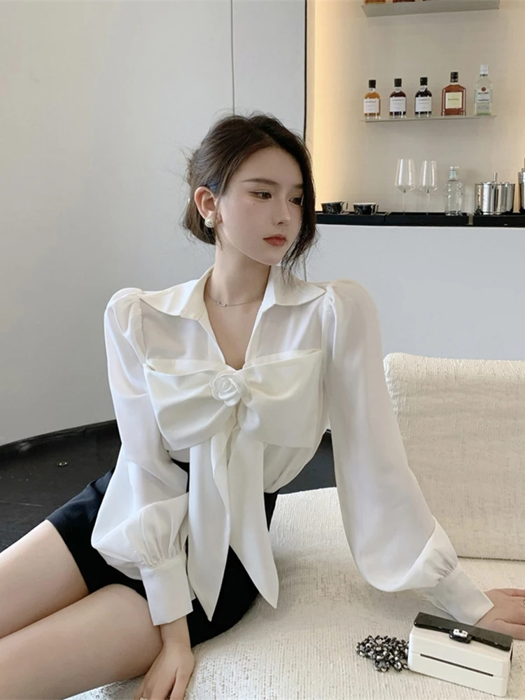 Shirts Women Design Sense Bow White Long sleeve Shirt Chubby Girl Plus size New French sle Chic Top Fashion