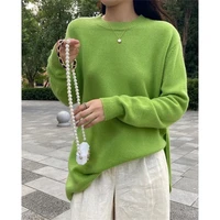 autumn and winter womens korean style round neck sweater age reducing loose pure wool knitted chic top with slits on both sides