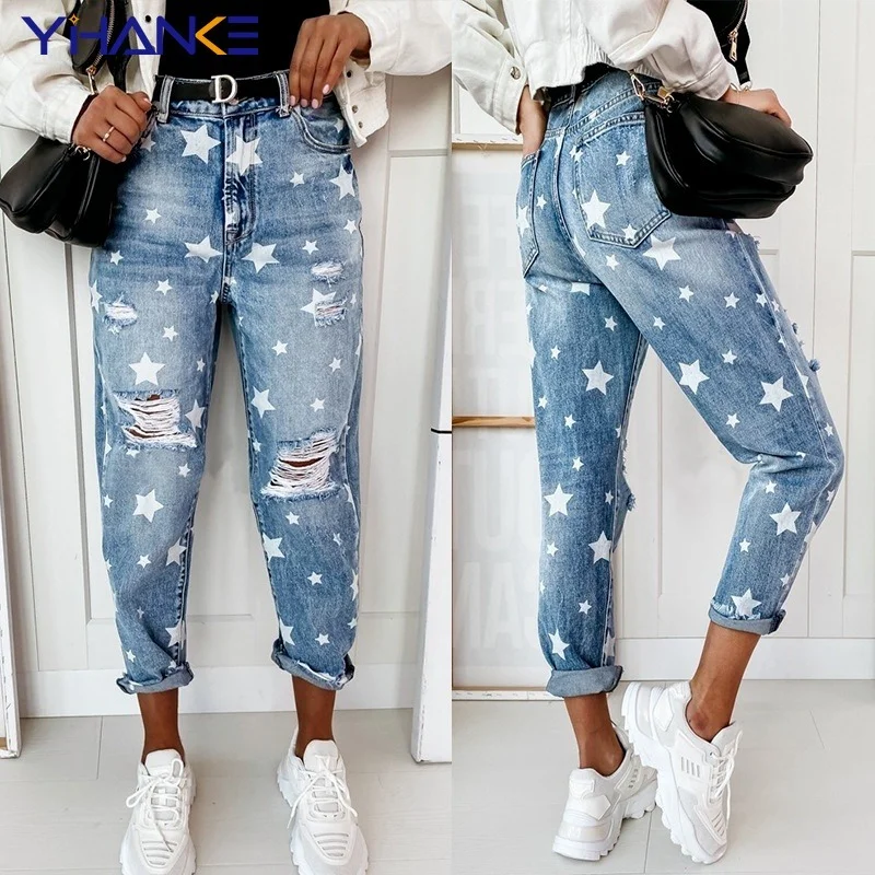

2023 Autumn Boyfriend Jeans Woman Jeans for Ladies with Five-Pointed Star Ripped Jeans Street Casual Blue Ripped Jeans