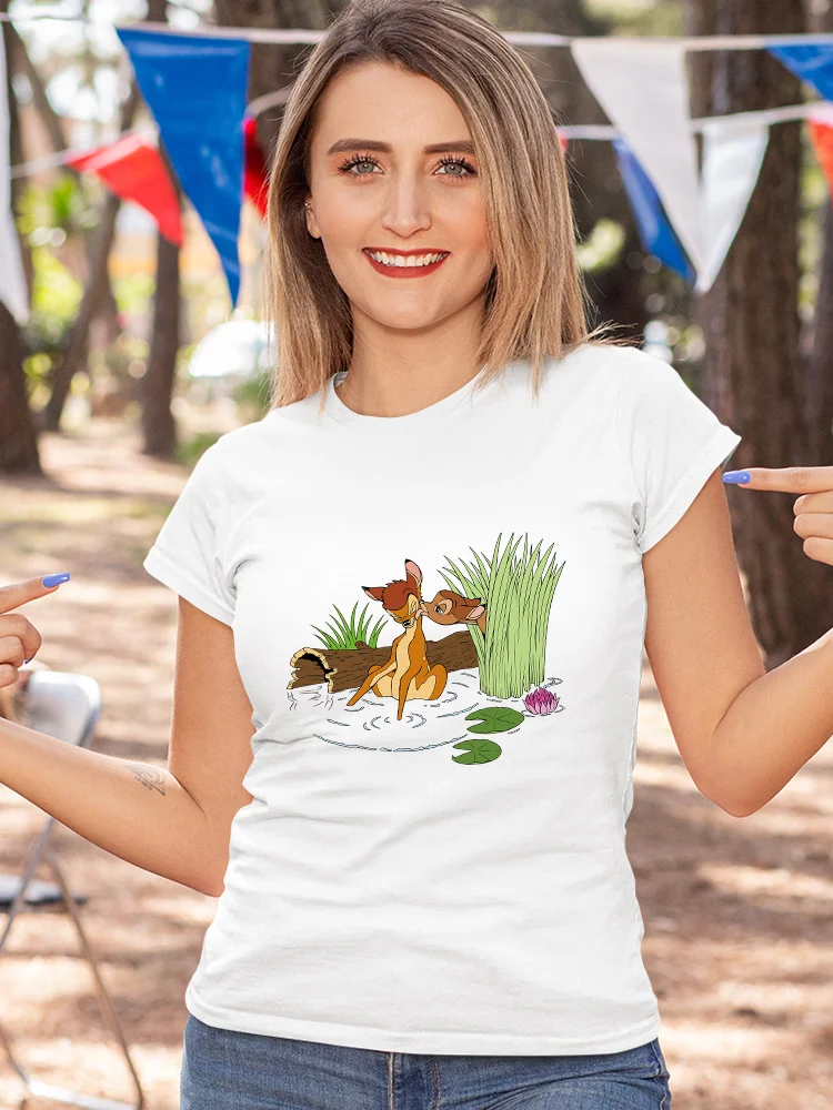 

Disney Bambi T-shirt Women Summer Basic Casual White Tops Short Sleeve Tumblr Fashion Classic Female Clothes Cartoon Harajuku