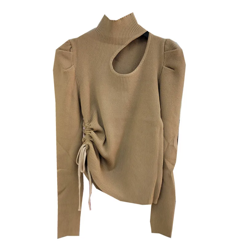 

SuperAen 2022 Winter Vintage Korean Style Stand Neck Hollow Out Off Shoulder Drawstring Pleated Casual Knit Sweater Women