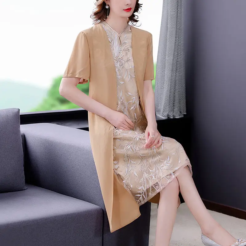 

Dress Women's Summer Suit 2022 New Large Size Fashion Cardigan Jacket + Embroidered Stand Collar Dress Elegant Female Robe h1833
