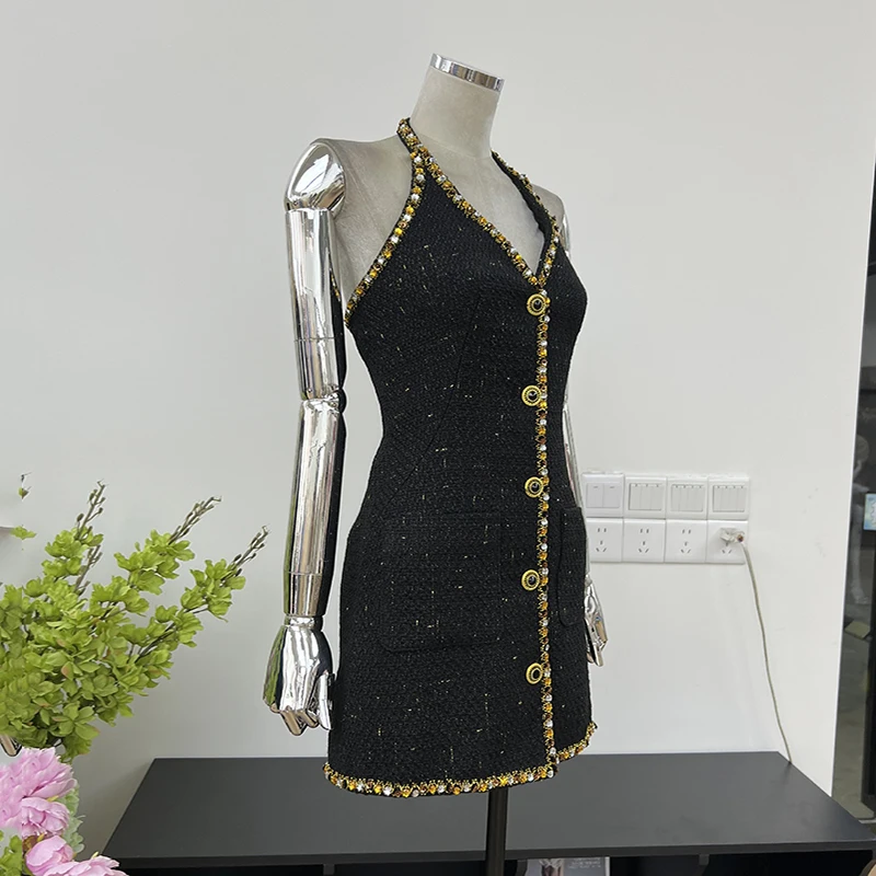 KBQ Solid Patchwork Diamonds Two Piece Set For Women V Neck Sleeveless Spliced Button Dress Long Sleeve Coat Elegant Sets New