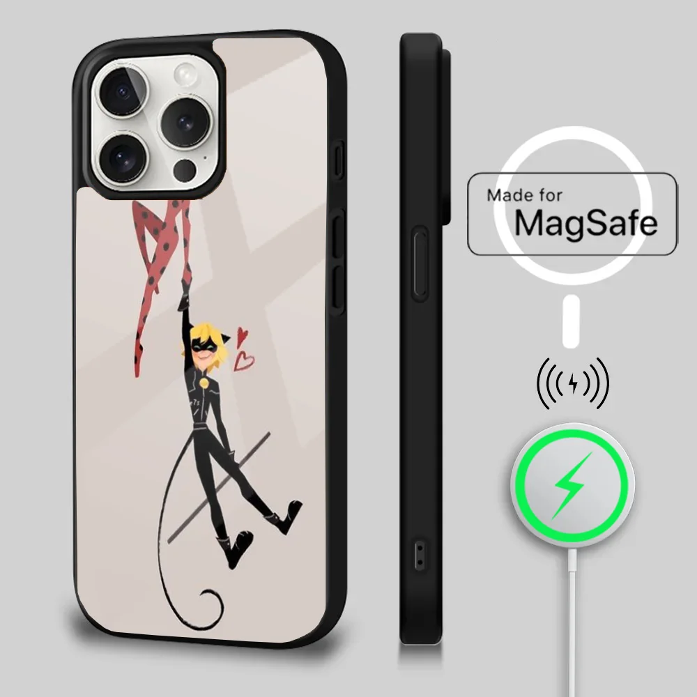 M-Miraculous Cat Noir L-Ladybug Phone Case For iPhone 16 15 14 13 12 11 Plus Pro Max Mini Magsafe Magnetic Wireless Charging