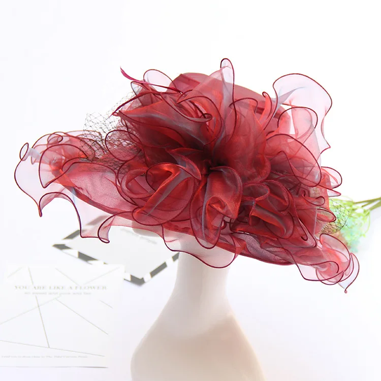 

Elegant Summer Beach Sun Wide Hat For Women Organza Tea Party Large Big Brim Fedora Cap Kentucky Derby Wedding Fascinators