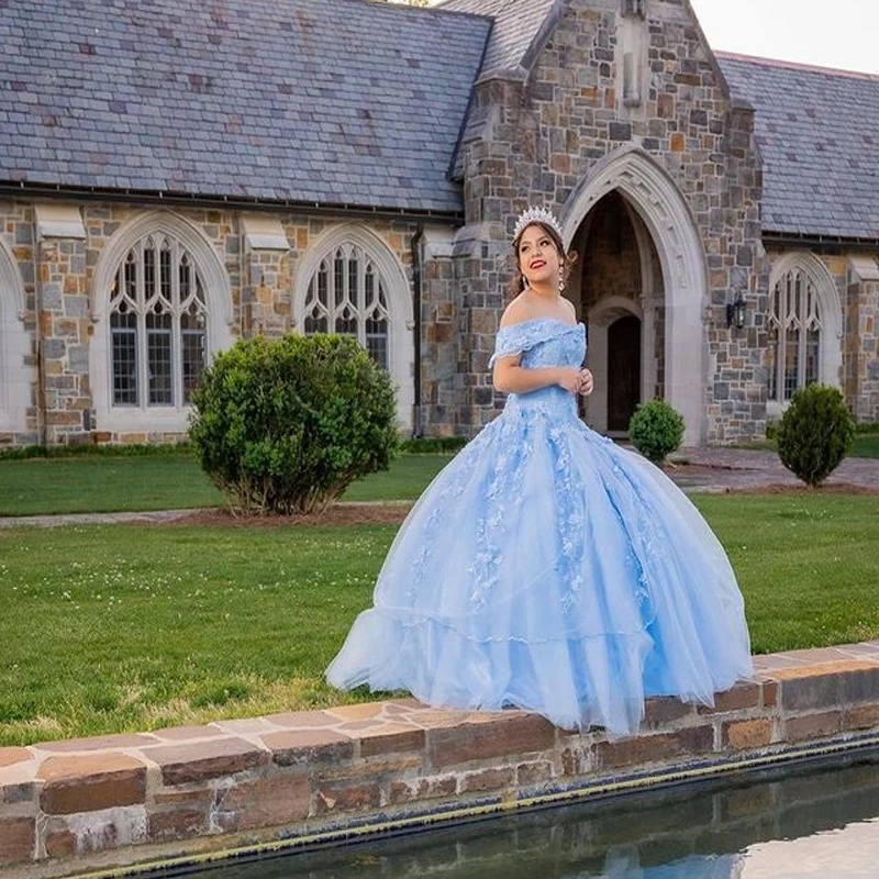 ANGELSBRIDEP Небесно-голубое платье принцессы Мексиканской Quinceanera с открытыми плечами