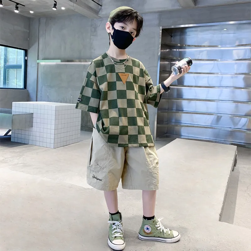 

Summer Fashion Teen Boys Short Sleeve Plaid T-shirt Shorts Pullover Streetwear Outfits Set with Pants for Boys Clothes Set