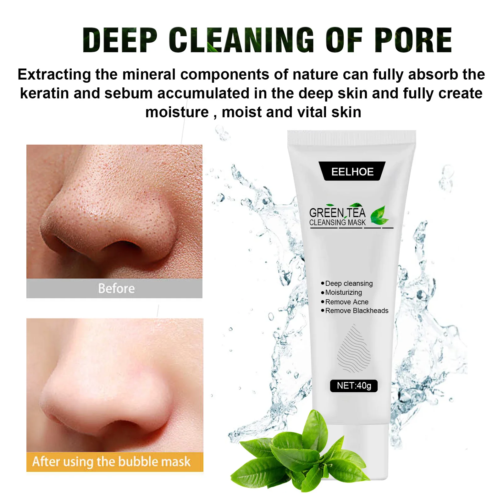 

Eelhoe, маска для сужения пор, черных точек, зеленый чай, вытянутая вручную