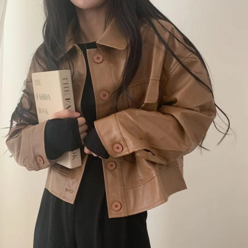 

Женская винтажная куртка на пуговицах, коричневая кожаная укороченная куртка, модная свободная байкерская куртка в Корейском стиле, тонкая...
