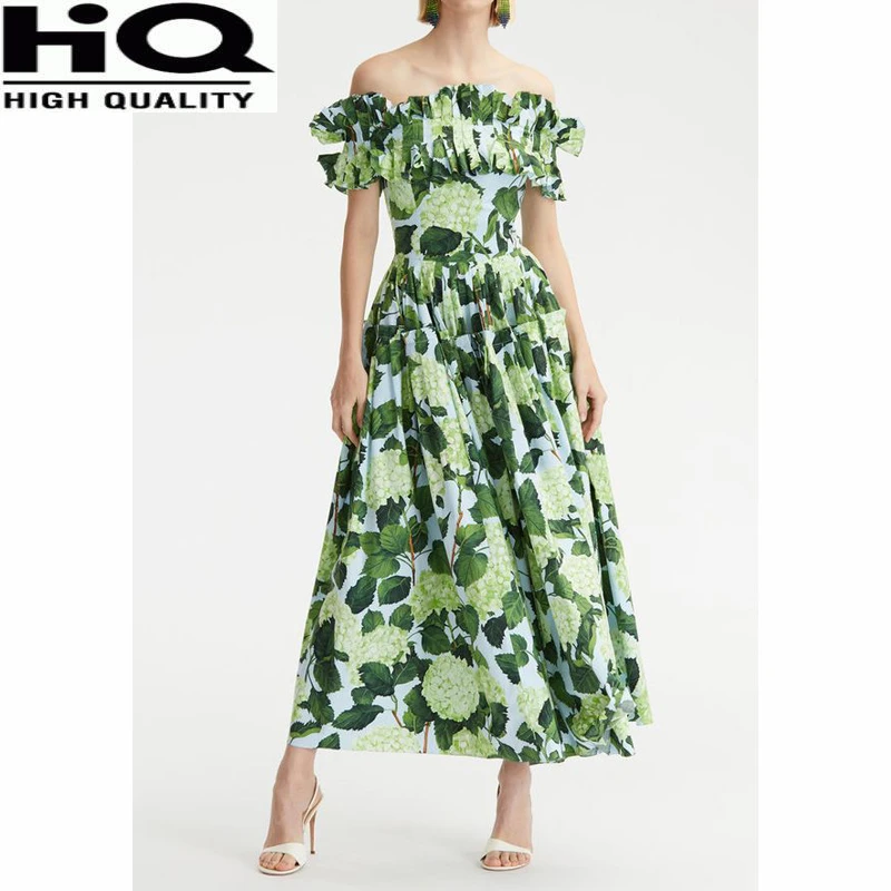 

Holiday Elegant Print Pattern Off Shoulder Suspender Ruffle Midi Dress Women