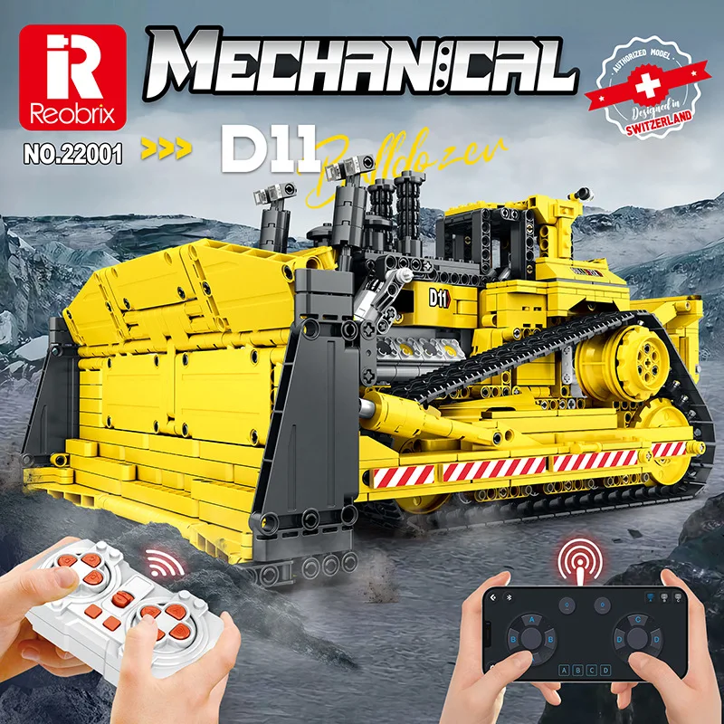REOBRIX 22001 Mechanical D11 Bulldozer Model Electric Excavator Building Blocks Educational Toy Birthday Gift