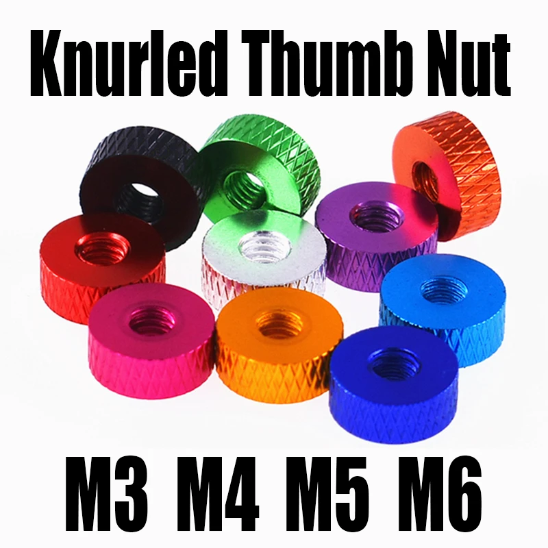 Купи 5PCS M3 M4 M5 M6 Color Aluminum Knurled Thumb Nut Hand Tighten Thumb Nut Flat Head Full Thread Nut For DIY/Model Airplane за 127 рублей в магазине AliExpress