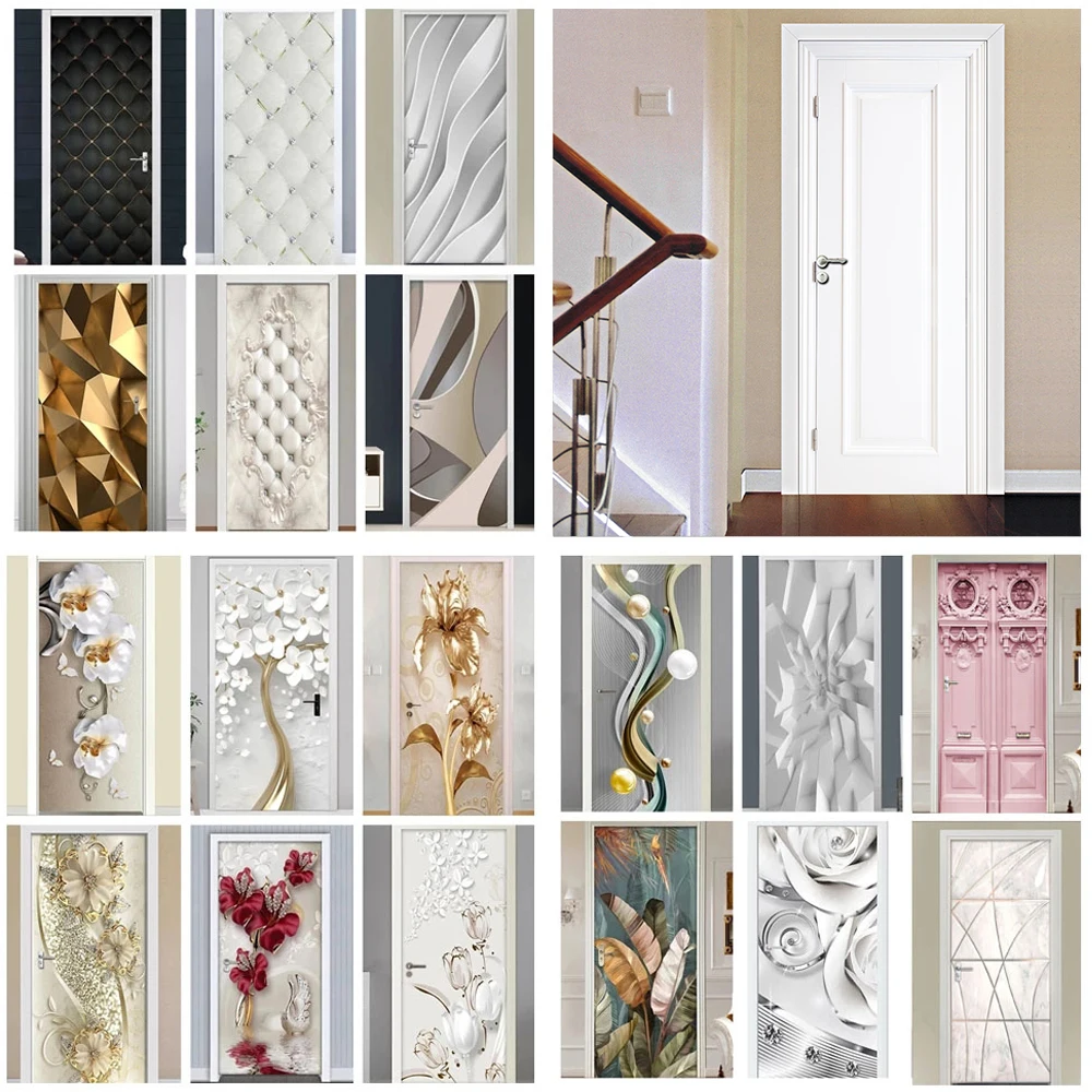 

PVC Door Sticker Modern 3D Abstract Fashion Line Silver Pearl Wallpaper Art White Door Poster Self-Adhesive Mural Stickers Decor