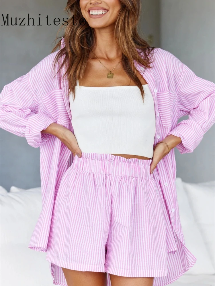 

New Summer Leisure Suit Lapel Long Sleeve Solid Color Elegant Temperament Striped Shirt Shirt Shorts Two-piece Set women's