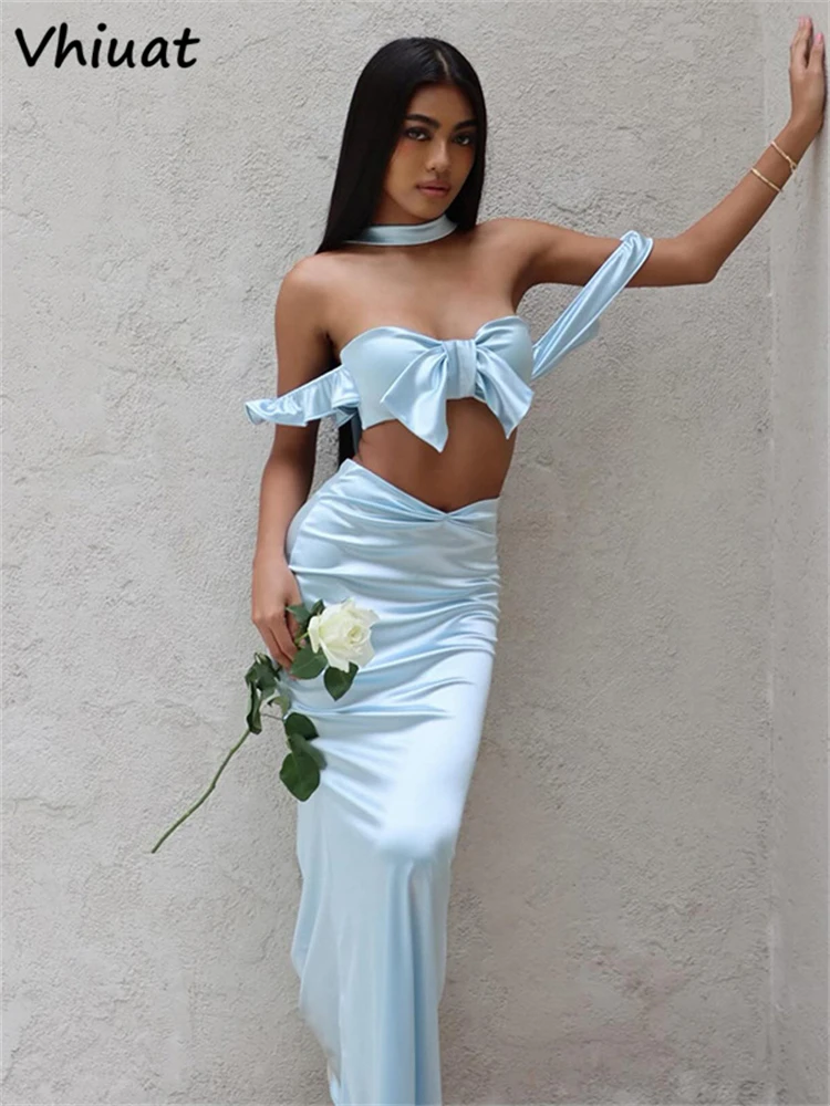 Женский атласный комплект из 2 предметов Vhiuat элегантный укороченный топ и юбка с