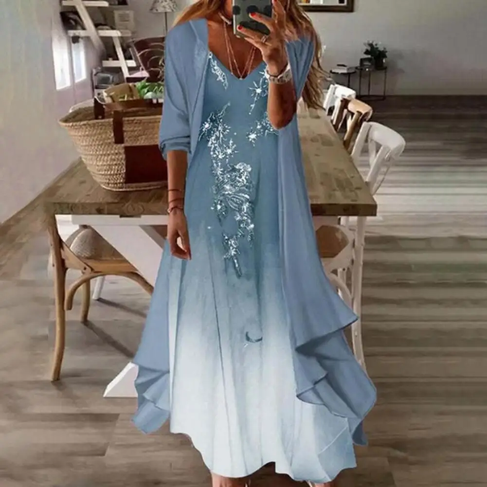 

2Pcs/Set Ink Flower Print A-line Flowy Large Hem Dress Cardigan Set Sling V-neck Long Dress Long Sleeve Chiffon Shawl Maxi Dress