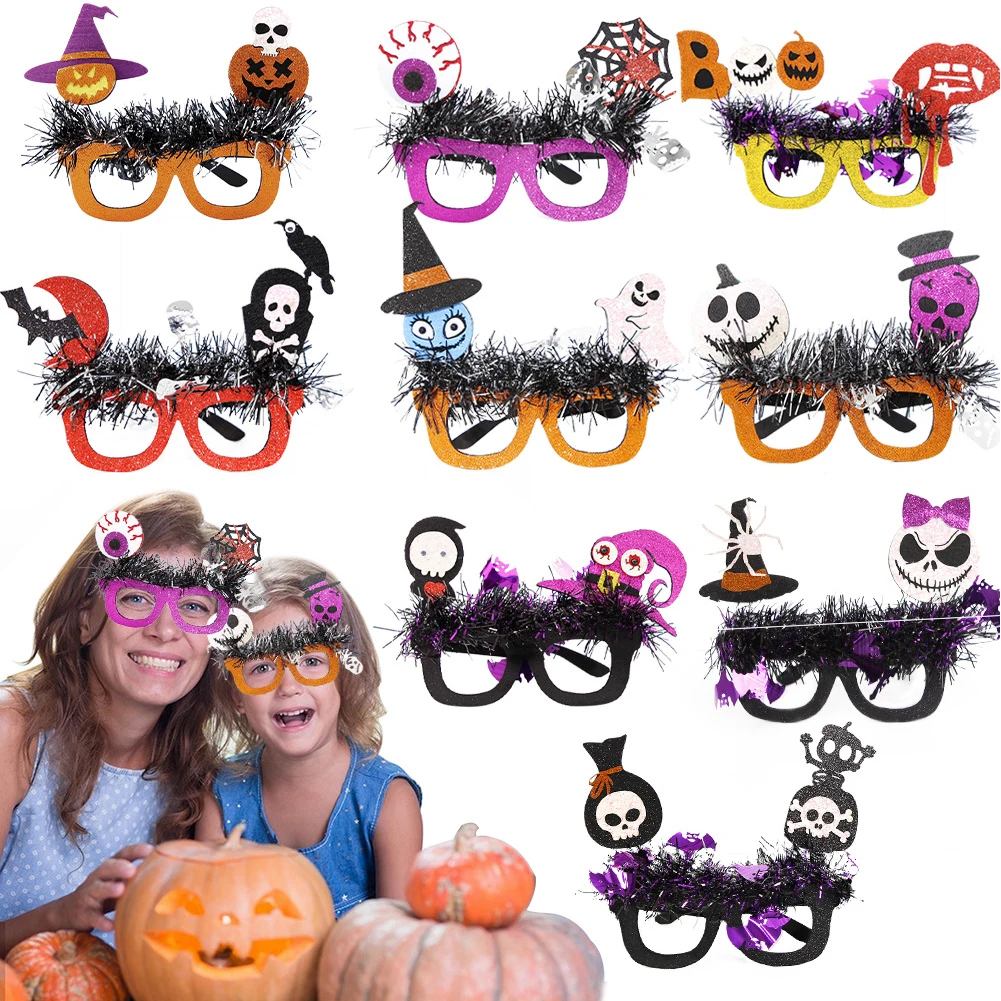 

Halloween Tinsel Glasses Frame Funny Pumpkin Spider Bat Skull Witch Eyeball Eyewear for Kids Adults Party Cosplay Masquerade