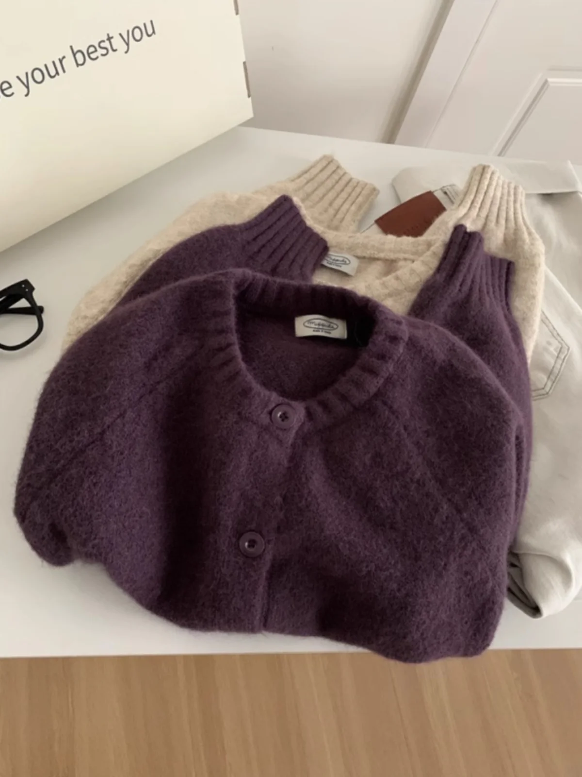 European Goods High-Grade Purple round Neck Raccoon Velvet Sweater Outerwear Women Autumn and Winter Soft Glutinous Idle Sl...