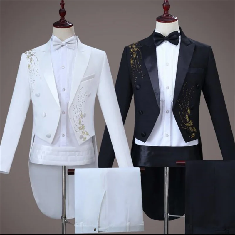 White Blazer Men Tuxedo Suit Set With Pants Wedding Singer Star Style Takim Elbise Erkek Stage Clothing Formal Dress