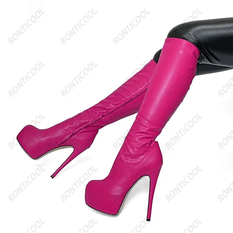 Ronticool High Quality Women Winter Knee Boots Waterproof Stiletto Heels Round Toe Banquet Red Fuchsia Shoes Plus US Size 5-20
