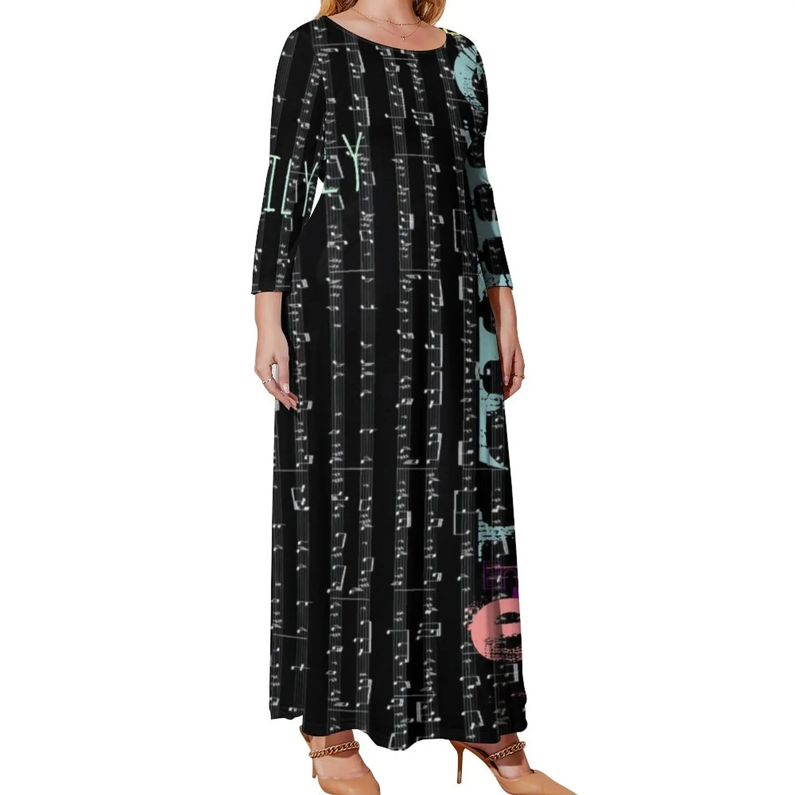 Colorful Letter Print Dress Plus Size Music Notes Sexy Printed Maxi Dress Long Sleeve Streetwear Bohemia Long Dresses Gift