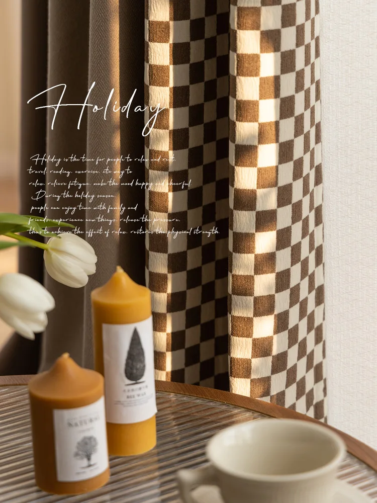 

New American Checkerboard Mosaic Chenille Curtains for Living Dining room Bedroom Modern Light Luxury Blackout Cloth Custom