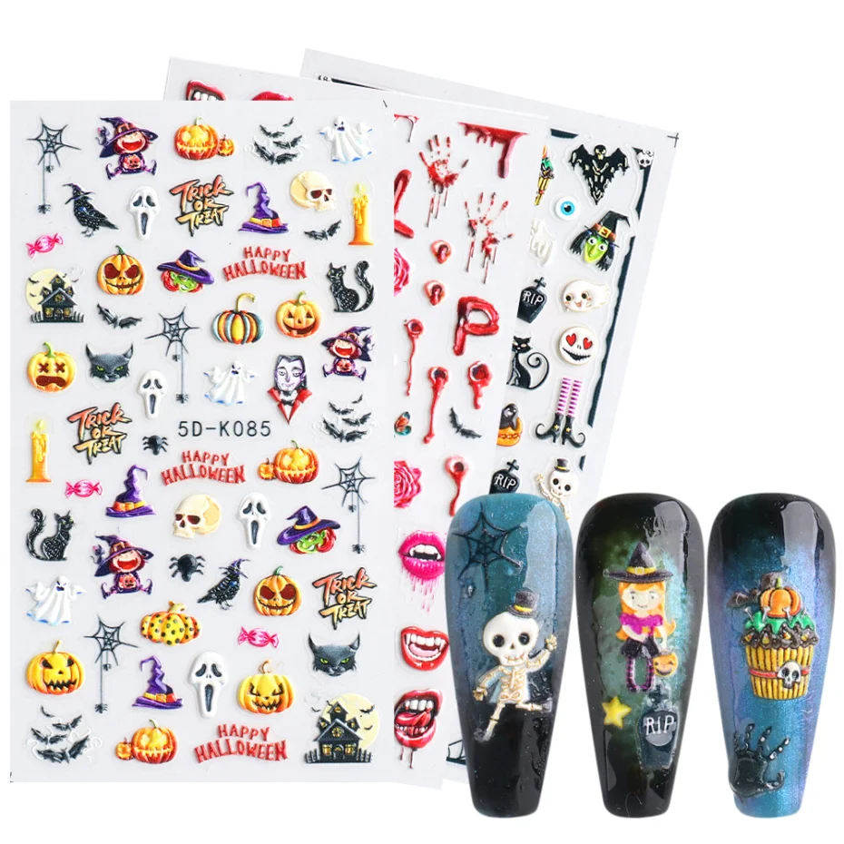 

5D Halloween Nail Stickers Acrylic Engraved Embossed Transfer Decals Trick Floral Party Nail Art Decoration Design Slider Decor
