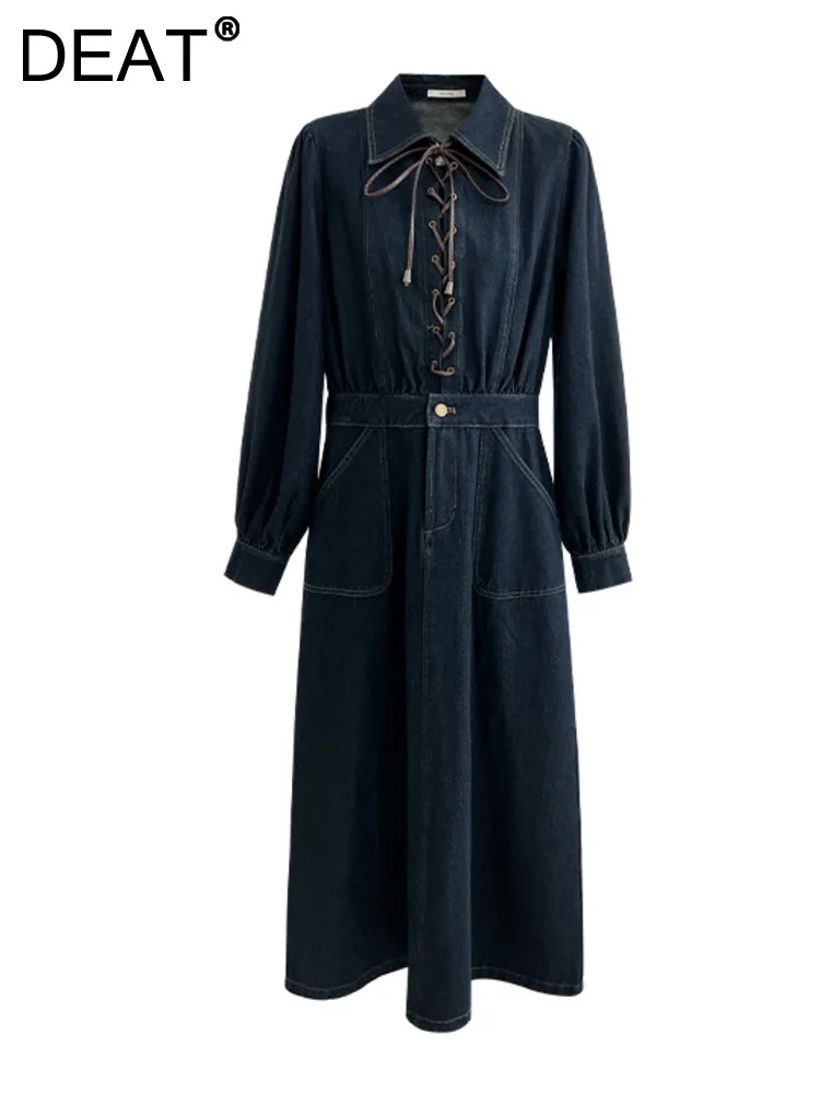

Женское джинсовое платье на завязках DEAT, элегантное темно-синее платье составного кроя с длинным рукавом и высокой талией, осень 2023, 29L3868