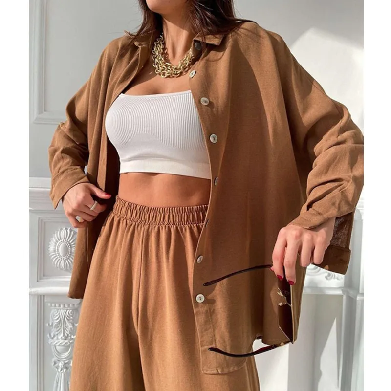 

Blue Lapel Shirt Elastic Waist Pants Casual Sets Spring Office Lady Fashion Long Sleeves Single-breasted Tops Harem Pants Suits