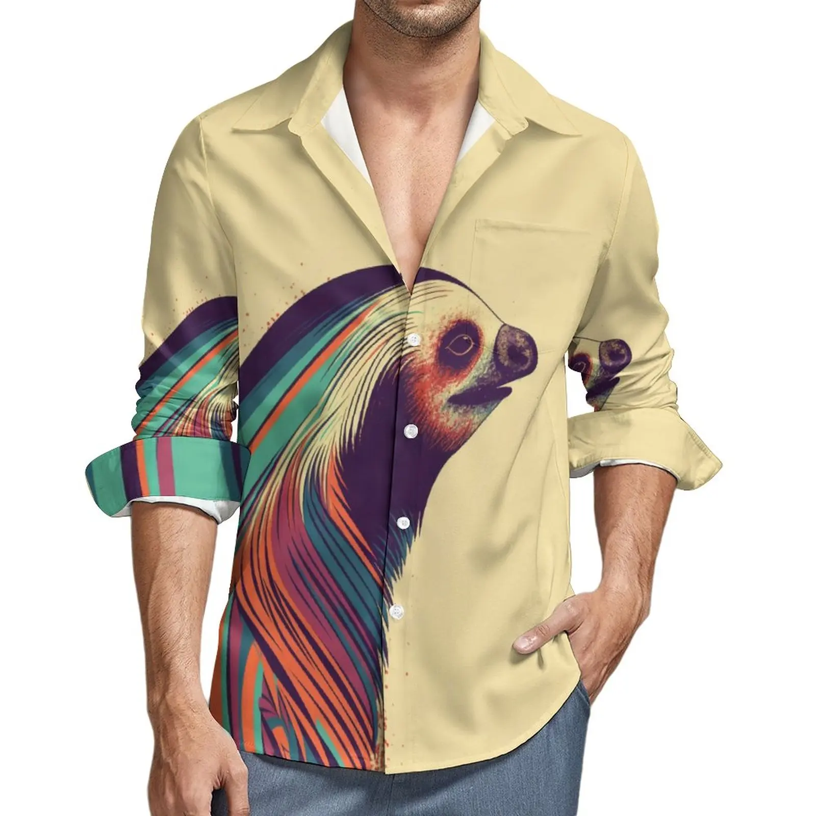 

Sloth Y2K Casual Shirt Man Retro Multicolored 70s Shirt Spring Fashion Blouses Long Sleeve Graphic Oversize Tops