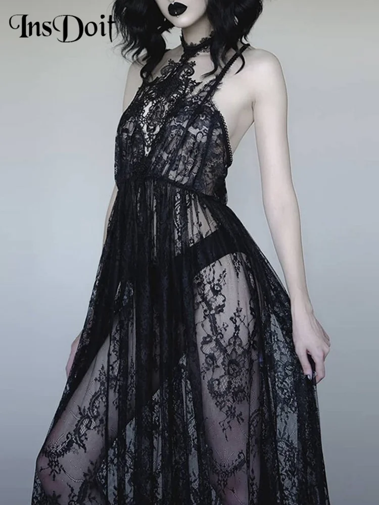 

InsDoit Gothic Summer Sexy Black Dress Women Lace See Through Halter Bandage Sleeveless Dress Elegant Partywear Club Long Dress