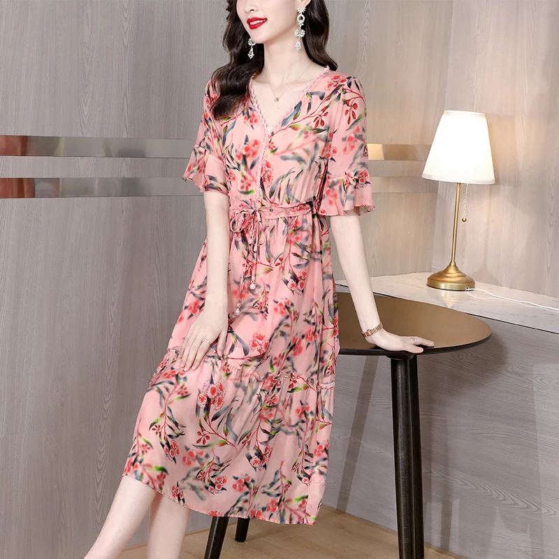 

Женское шелковое платье с принтом, универсальное свободное повседневное праздничное платье с V-образным вырезом, лето 2023