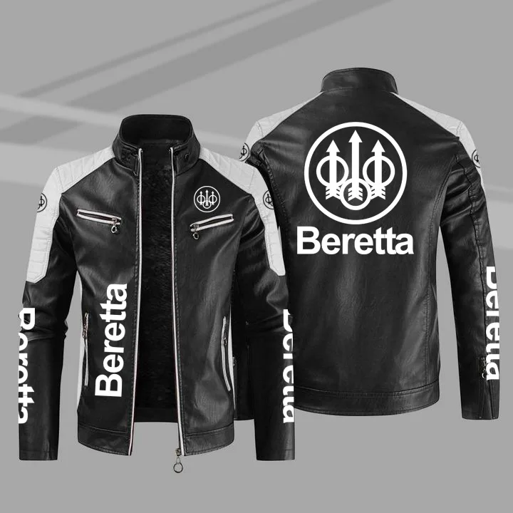 

New Men's PU Leather Winter Beretta Logo Fashion Motorcycle Bomber Zipper Jacket Outwear Keep Warm Male Coat