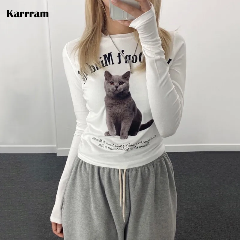 

Корейская модная футболка Karrram с принтом кота, гранж, Fairycore, облегающие топы, Kawaii Kitten, футболка с длинным рукавом, японская одежда Harauku