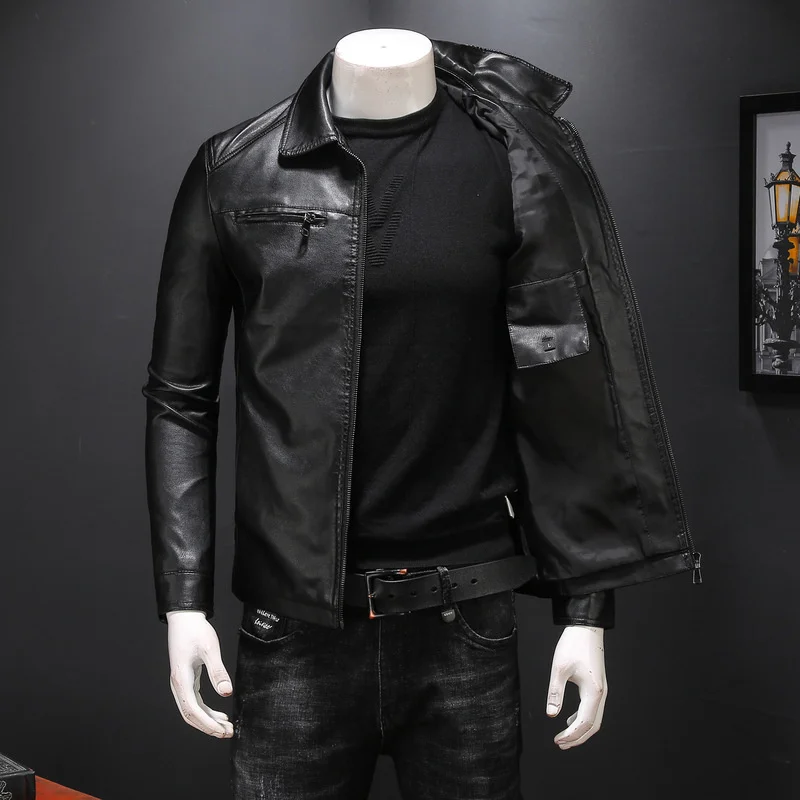 

2022 New Motorcycle Jacket Men Autumn Turn-down Collar Business Casual Slim Male Leather Clothes Plus Size PU Coats