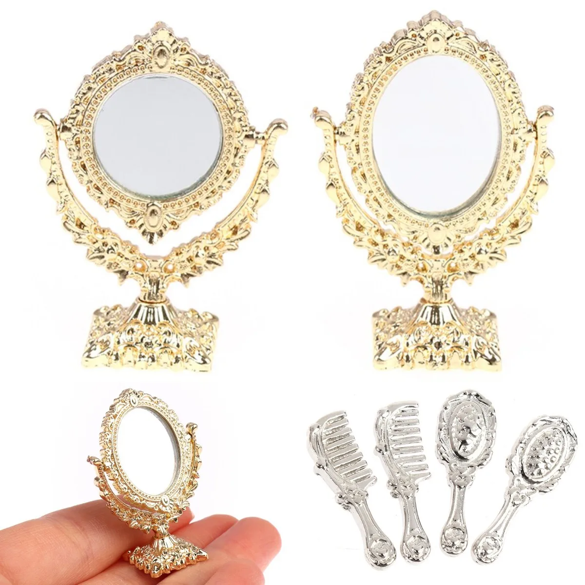 

1/12 Dollhouse Miniature Vintage Cosmetic Mirror with Combs Gold Vanity Mini Mirror Doll Bathroom Furniture Toy Doll House Decor