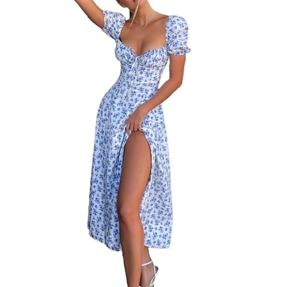 Женское летнее платье с пышными рукавами праздничное длинное макси цветочным