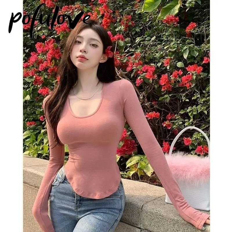

Body Top Women Sexy Long Sleeve T-shirt Thin Slim Curved Bottom Y2k Top Harajuku Pink Korean Summer Blouses 2023 Dropshipping