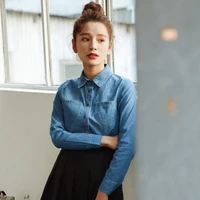 women shirt denim cotton tops new autumn casual pockets single breasted button up lapel long sleeve large size blue shirt x148