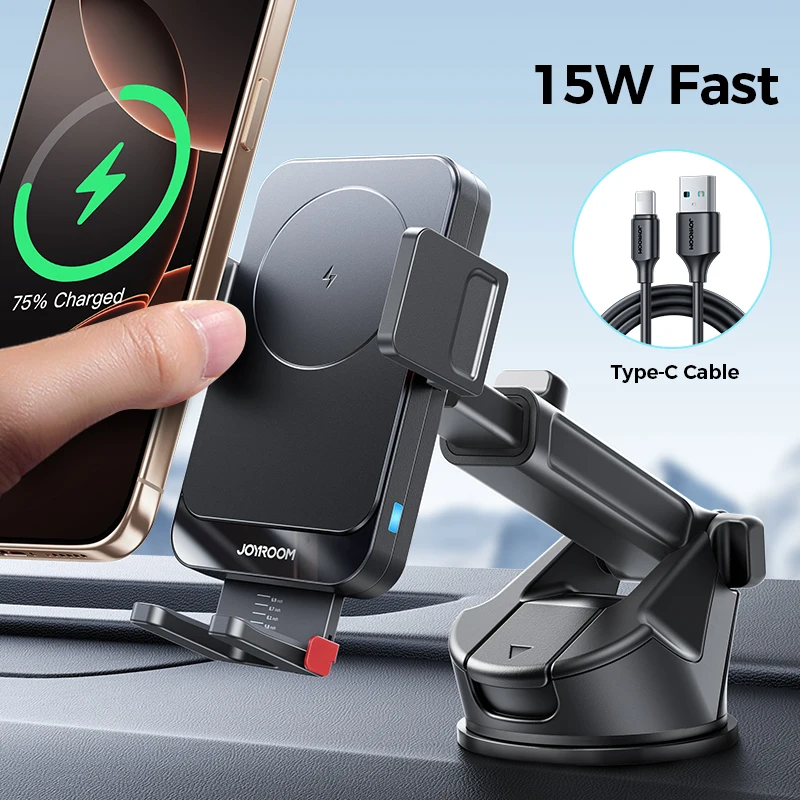 

Автомобильный держатель для телефона Joyroom 15 Вт, автомобильный держатель для беспроводной зарядки, зарядное устройство 360 ° Автомобильное крепление для телефона с вращением одной руки для 4,7-7 дюймов