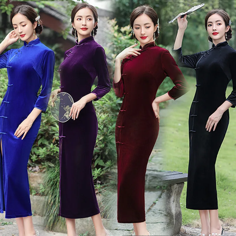 

FZSLCYIYI Elegant Handmade Buttons Mandarin Collar Seven Points Sleeve Gold Velour Qipao Ladies Wedding Cheongsam Size 5XL