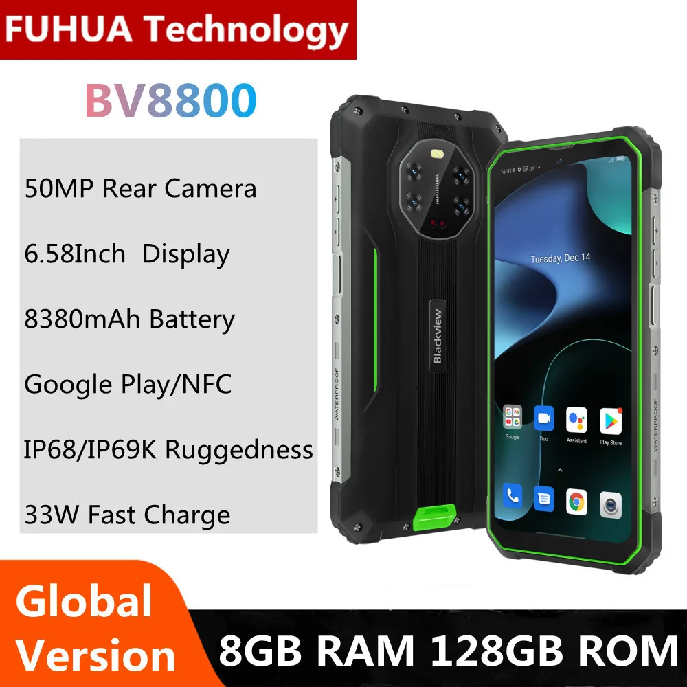 

Смартфон BLACKVIEW BV8800 защищенный, 8 ГБ + 128 ГБ, IP68, 90 Гц, G96, 8380 мАч, 33 Вт, быстрая зарядка, ночное видение + мобильный сотовый телефон 50 МП