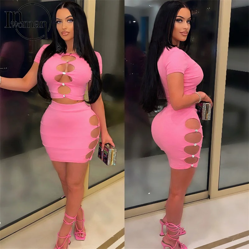 

Женский комплект с коротким рукавом и мини-юбкой, с круглым вырезом