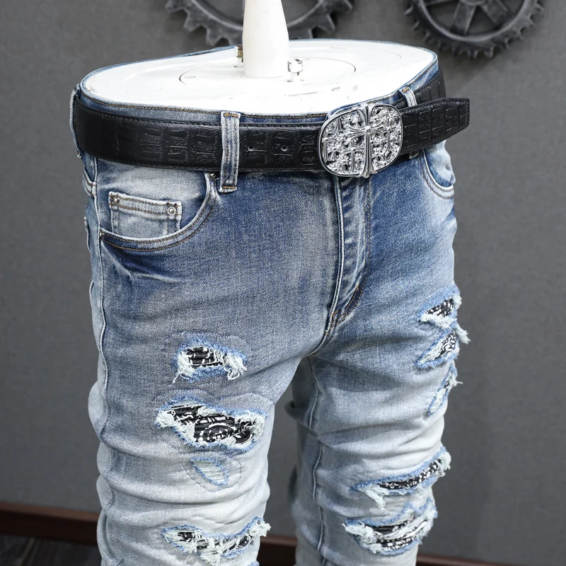 Street Fashion Men Jeans Retro Blue Stretch Elastic Broken Patched Designer Ripped Jeans Men Skinny Hip Hop Brand Pants Hombre