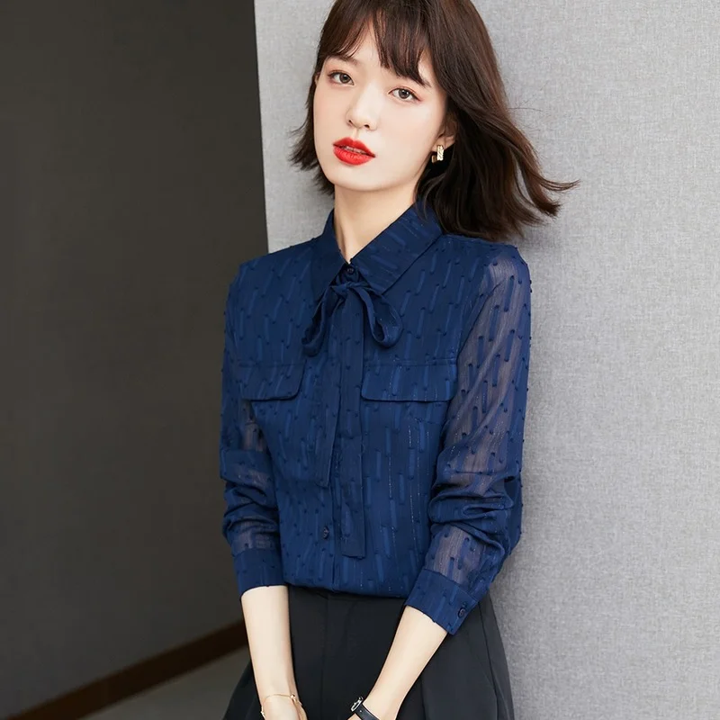 

Шифоновая женская блузка, кружевная рубашка-поло для девочек, повседневная одежда, Свободный Летний Топ с длинным рукавом, модная женская о...