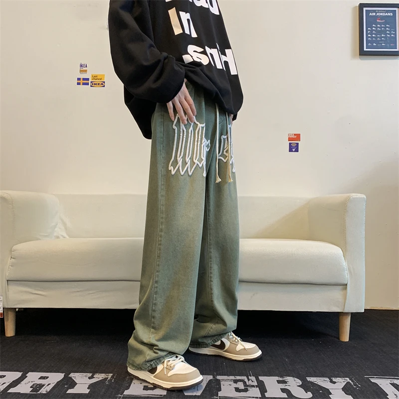 

Винтажные джинсовые прямые свободные уличные модные брендовые джинсовые брюки Ins нейтральные парные широкие брюки коричневые зеленые мешк...